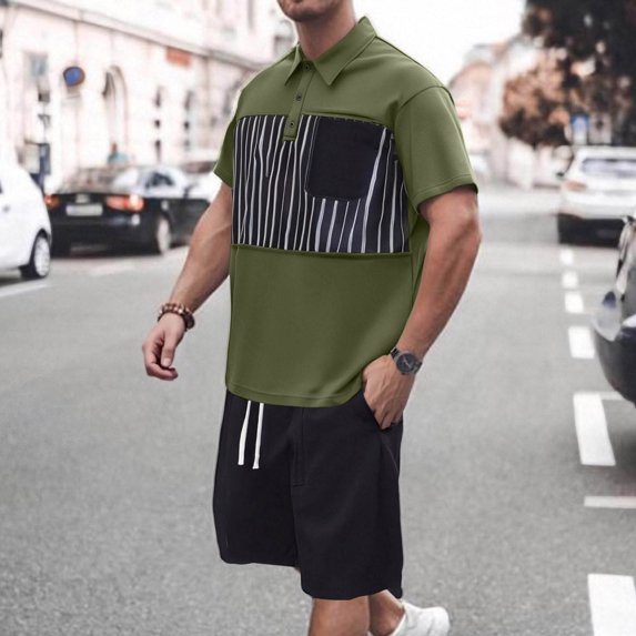 Yaoyar Mens Round Neck Button Detail Short Sleeve Top with Drawstring Elastic Waist Shorts Casual Two Piece Set Coordinated Outfit