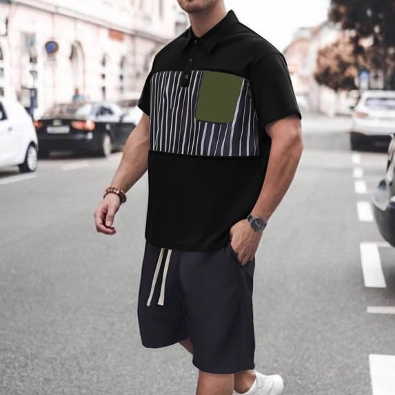 Yaoyar Mens Round Neck Button Detail Short Sleeve Top with Drawstring Elastic Waist Shorts Casual Two Piece Set Coordinated Outfit