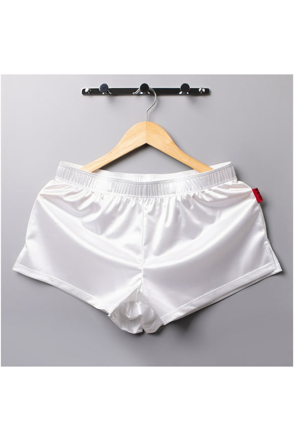 Mens Satin Boxer Shorts Pack, Silk Feeling Sleep Shorts Underwear with Button Fly, Silky Pajama Bottoms White L
