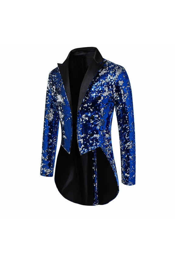 Mens Sequin Tuxedo Slim Fit Swallowtail Fashion Performance Dinner Party Wedding Blazer Suit Jacket Blue M