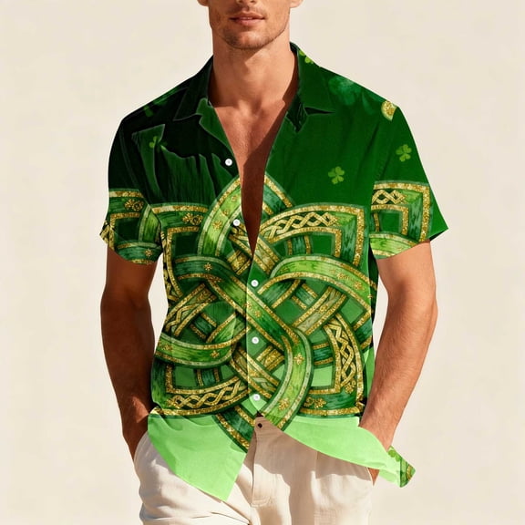 Yaoyar Mens Short Sleeve Lapel St. Patrick'S Day Clover Print Button-Up Shirt Summer Beach Themed Party Disco Basic Tees