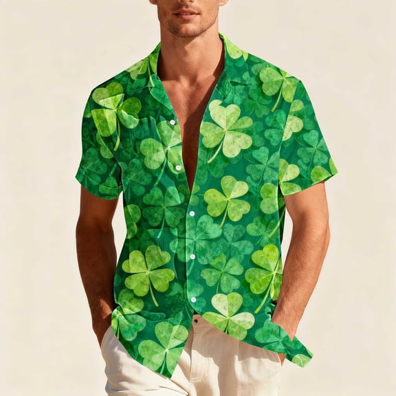 Yaoyar Mens Short Sleeve Lapel St. Patrick'S Day Clover Print Button-Up Shirt Summer Beach Themed Party Disco Basic Tees
