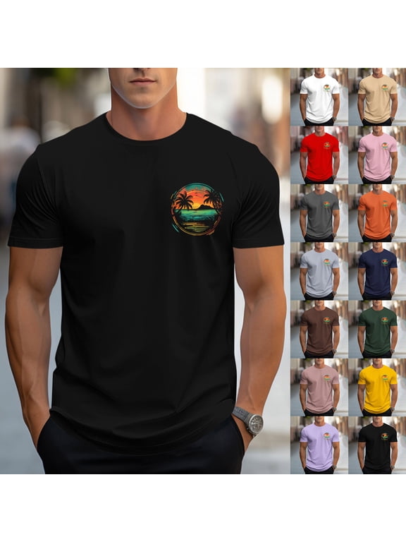 Mens Short Sleeve T-Shirts Graphic Crew Neck Casual Shirt Summer Beach Palm Tree Printed Vintage Hawaiian Tees