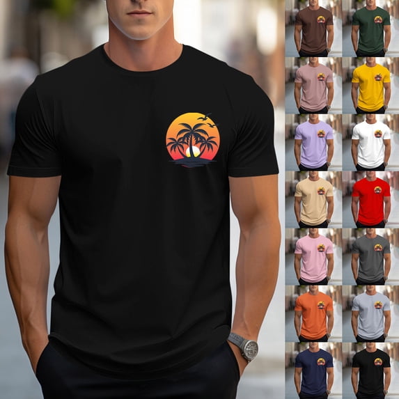 Yaoyar Mens Short Sleeve T-Shirts Graphic Crew Neck Casual Shirt Summer Beach Palm Tree Printed Vintage Hawaiian Tees