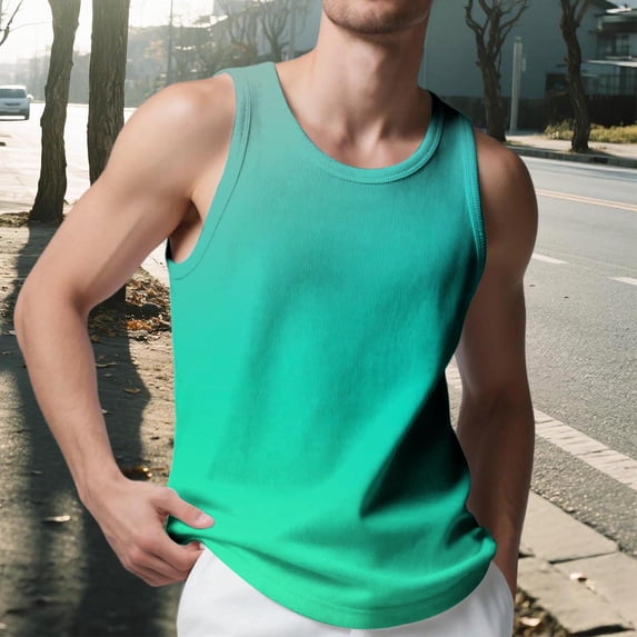 Yaoyar Mens Slim Fit Fade Athletic Training Wear, Gradient Color Workout Muscle Layer with Wide Shoulder Design, Tapered Cut Gym Shirt for Summer Performance Tank,Multicolor,L