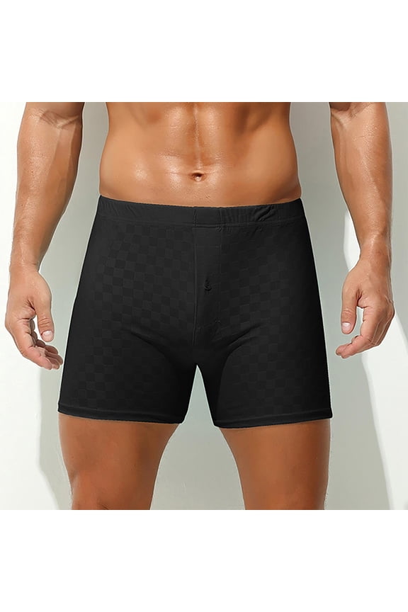 Mens Solid Checkered Button Fly Summer Boxer Briefs Ice Silk Base Layer with Elastic Waist Comfort Fabric Underwear,Black,XL