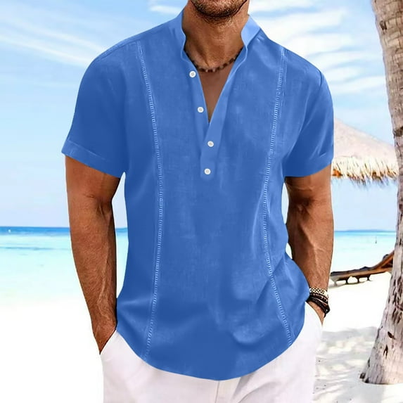 Yaoyar Mens Solid Color Basic T Shirt Casual Button Down Short Sleeve Tropical Shirts Summer Beach T Shirts Dark Blue,XL