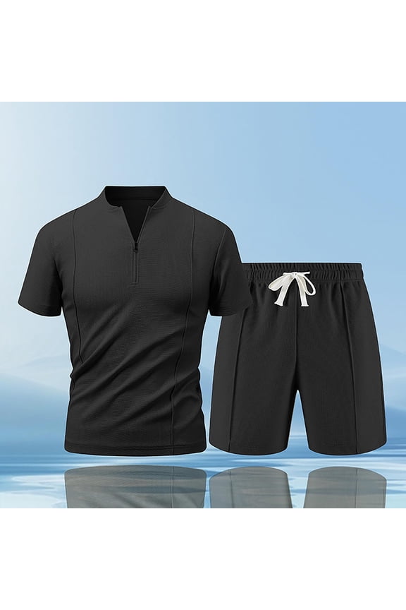 Mens Solid Color Breathable Sport Casual Shorts with Button Pocket Drawstring and Short Sleeve Round Neck Top Set Coordinated Outfit Matching Design Two Piece Ensemble