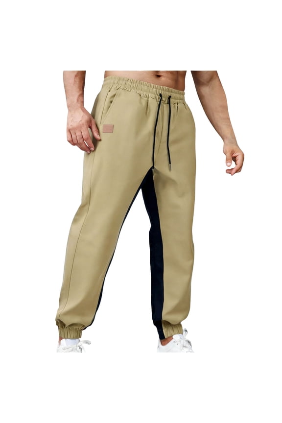 Mens Solid Color Casual Cargo Pants Sports Drawstring Color Blocked Ankle Pants Hiking Pants Joggers Cargo Trousers