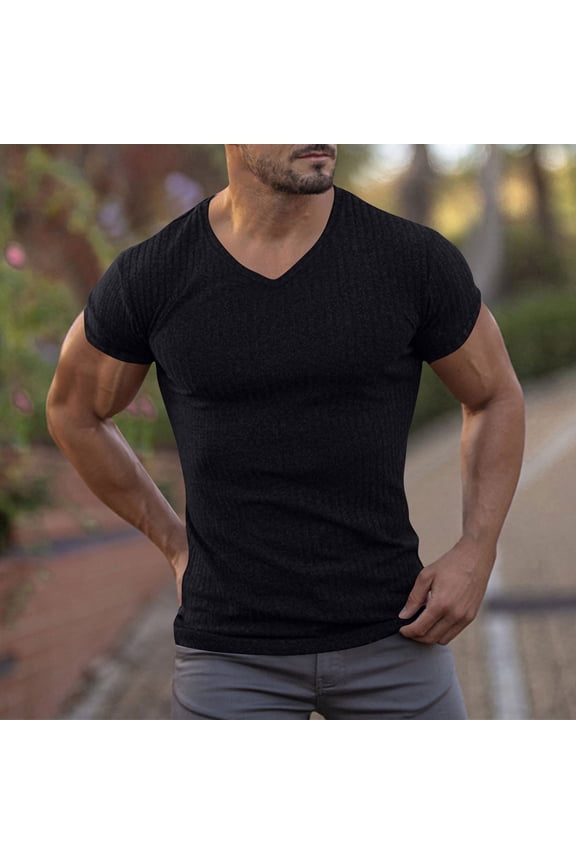 Mens Solid Color Compression Training Stretch Short Sleeve V-Neck Performance Top Athletic Fit Quick Dry Workout V Neck Shirt