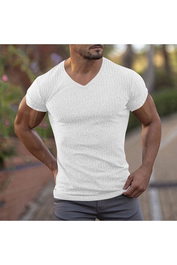 Mens Solid Color Compression Training Stretch Short Sleeve V-Neck Performance Top Athletic Fit Quick Dry Workout V Neck Shirt