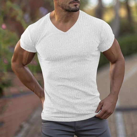 Yaoyar Mens Solid Color Compression Training Stretch Short Sleeve V-Neck Performance Top Athletic Fit Quick Dry Workout V Neck Shirt