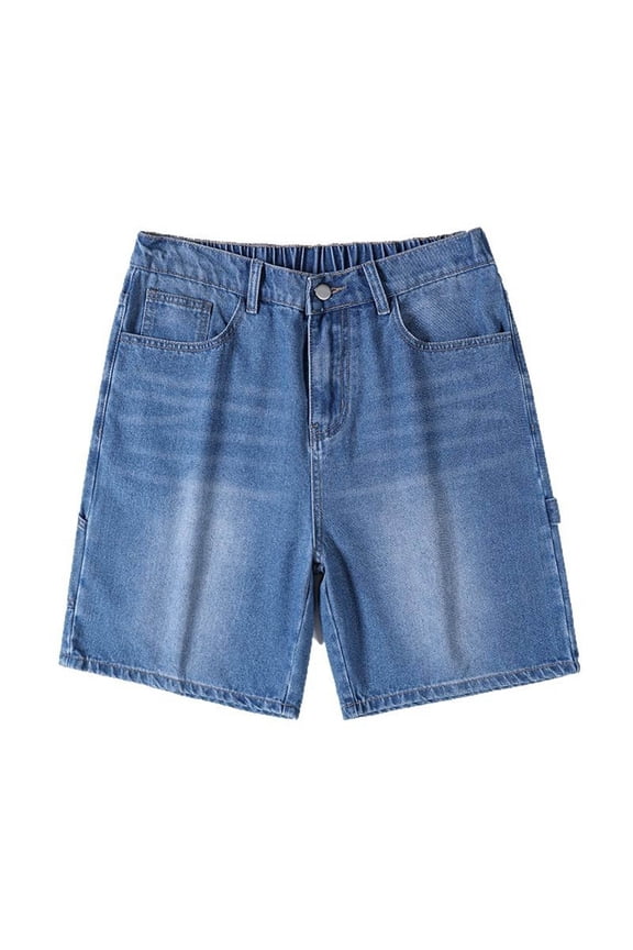 Mens Solid Color Denim Elastic Shorts Button Front Design Zipper Fly Adjustable Waist Straight Leg Shorts