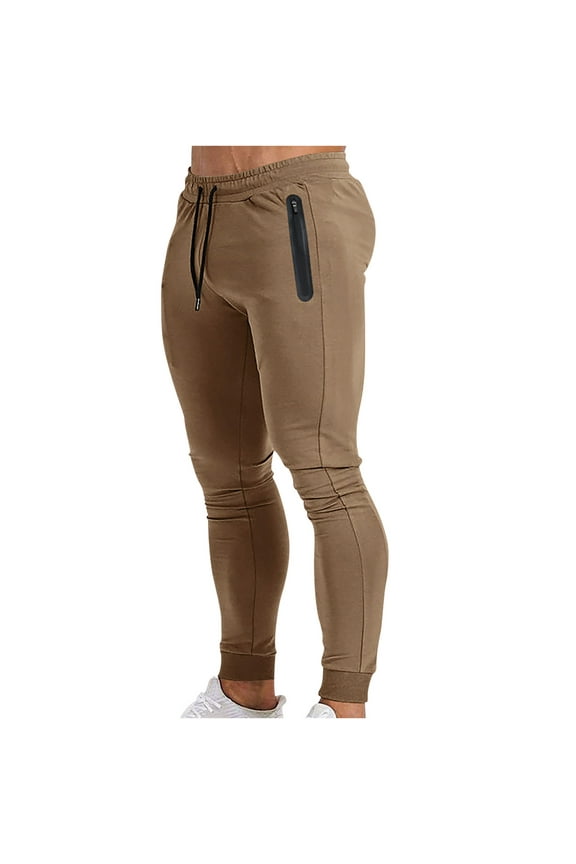 Mens Solid Color Drawstring Joggers Sweatpants Slim Fit Workout Jogger Pants with Zipper Pockets(Brown,3XL)