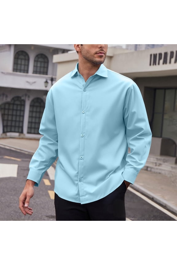 Mens Solid Color Long Sleeve Shirt, Button Down Placket Casual Pullover , Comfortable and Versatile Top for Outings