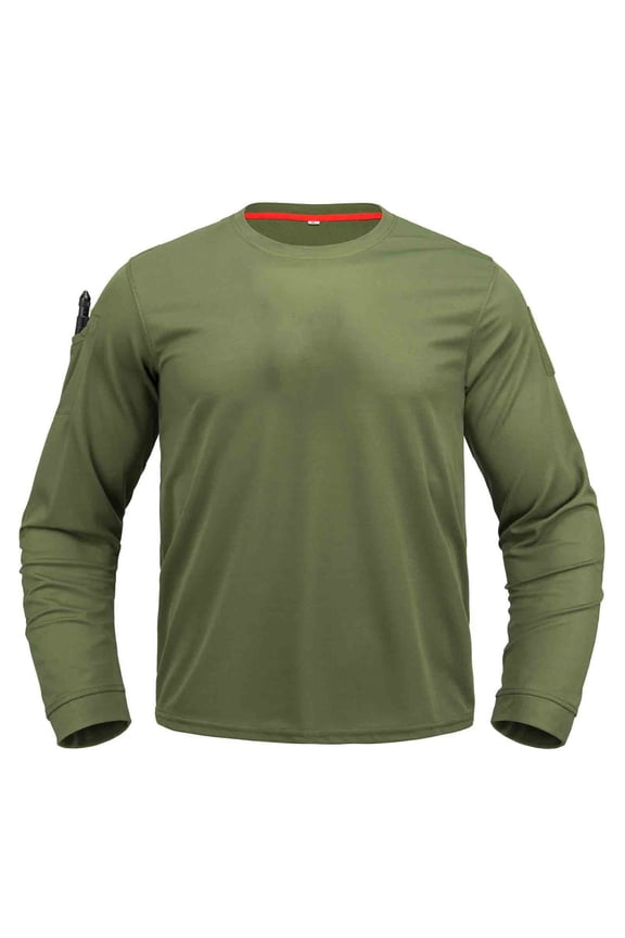 Mens Solid Color Long Sleeve Tactical Top Quick Dry Fabric Round Neck Performance Material Outdoor Military Style Active Shirt