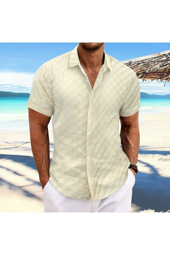Mens Solid Color Plaid Short Sleeve Top Button Front Design Turn Down Collar Casual Fabric Relaxed Fit Tee