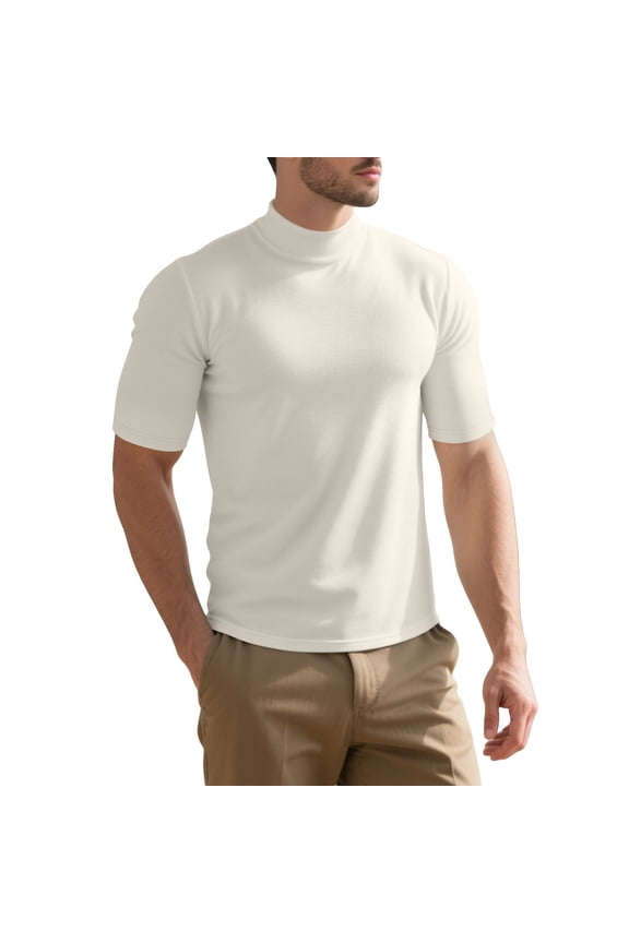 Mens Solid Color Shirt Tight Base High-Neck Semi-Round Neck Short Sleeved Top Casual Fleece Lined Basic Thermal Pullover Tops
