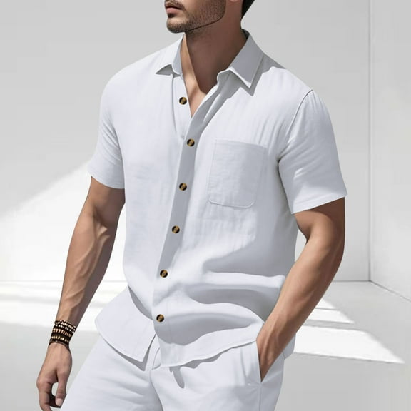 Yaoyar Mens Solid Color Short Sleeve Button Front Shirt Chest Pocket Detail Lightweight Breathable Casual Lapel Collar Shirt