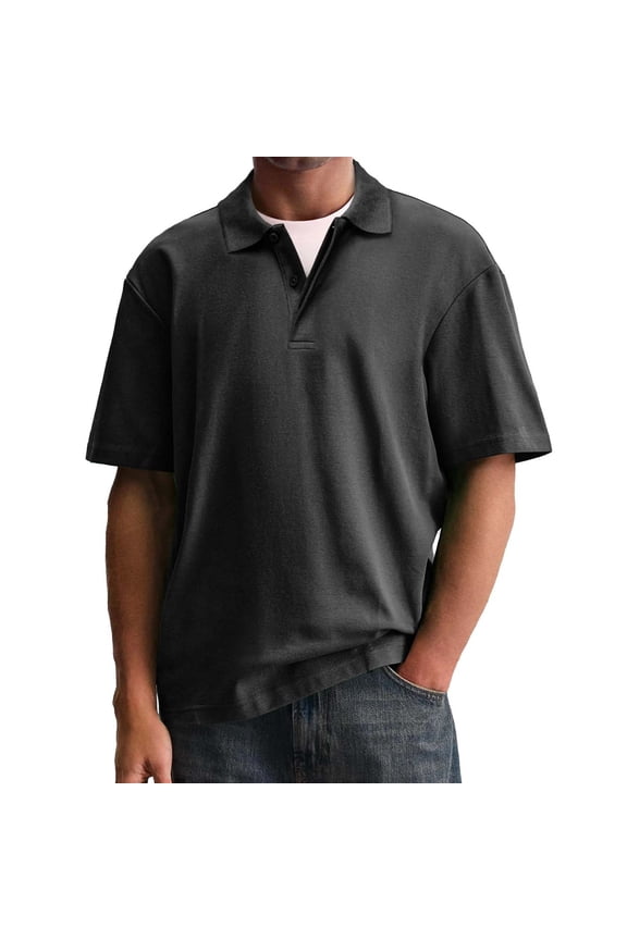 Mens Solid Color Short Sleeve Half Button Shirt Fabric Turn Down Collar Casual Relaxed Fit Crew Neck Tee