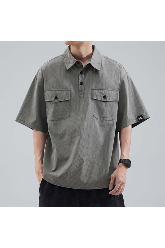Mens Solid Color Short Sleeve Workwear Shirt Button Down Collar Chest Pocket Detail Casual Utility Style Camp Shirt