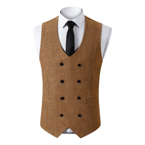 Yaoyar Mens Solid Color Sleeveless V-Neck Double Button Formal Suit Vest Tailored Design Dress Occasion Smart Casual Blazer Alternative V Neck Vest