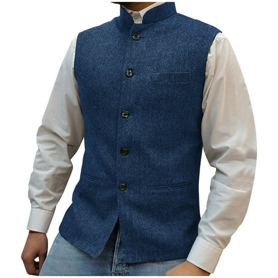 Yaoyar Mens Solid Color Stand-Up Collar Single-Breasted Multi-Pocket Suit Vest Vest Top Waistcoat Vest Formal Slim Fit Business Casual Style