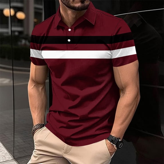 Yaoyar Mens Solid Color Stripe Print Button Detail Short Sleeve Casual T-Shirt Graphic Design Comfort Fit Everyday Short Sleeve Top