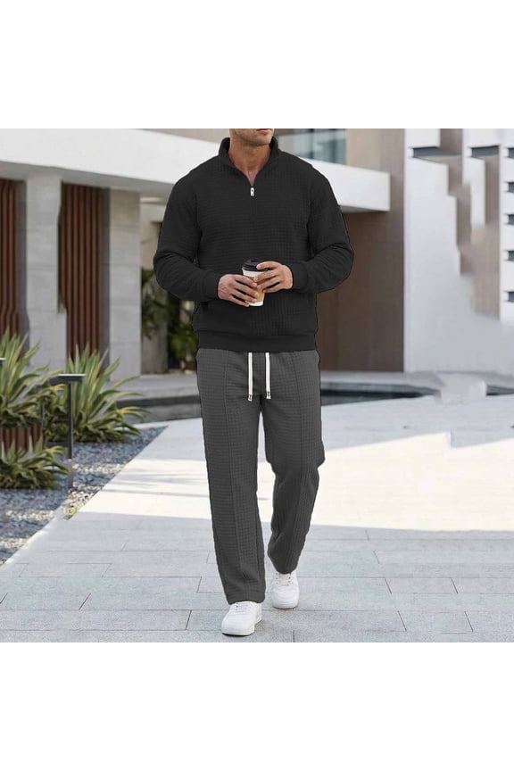 Mens Sports Suit Solid Color Casual Waffle Stand Collar Quarter And Half Zip Pocket Casual Sweatshirt Elastic Waist Drawstring Trouser Set