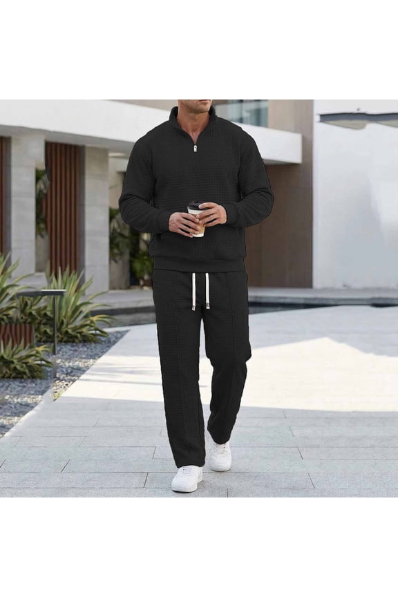 Mens Sports Suit Solid Color Casual Waffle Stand Collar Quarter And Half Zip Pocket Casual Sweatshirt Elastic Waist Drawstring Trouser Set