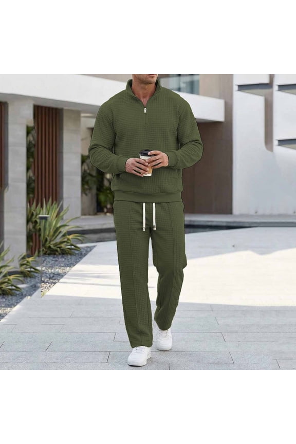 Mens Sports Suit Solid Color Casual Waffle Stand Collar Quarter And Half Zip Pocket Casual Sweatshirt Elastic Waist Drawstring Trouser Set
