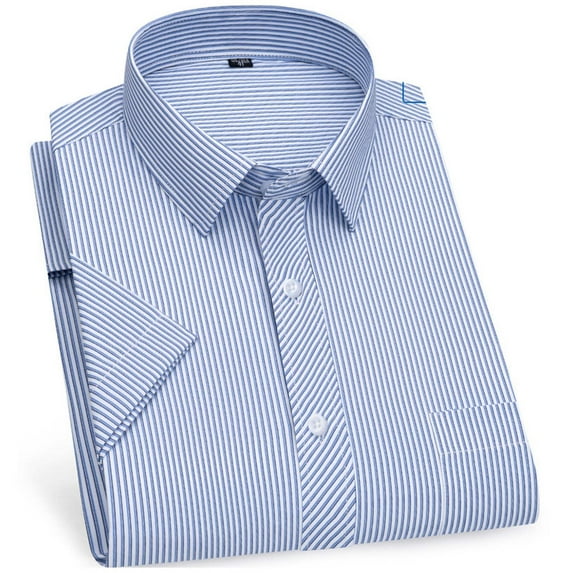 Yaoyar Mens Stripe Pattern Print Short Sleeve Pocket Detail Button Down Collar Business Casual Shirt Office Ready Design Professional Style Short Sleeve Camp Shirt