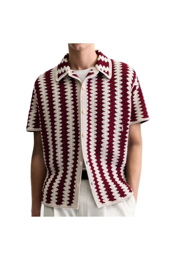 Mens Striped Knit Crochet Embroidered Short Sleeve Button Down Collar Summer Top Openwork Detail Design Fashion Short Sleeve Shirt