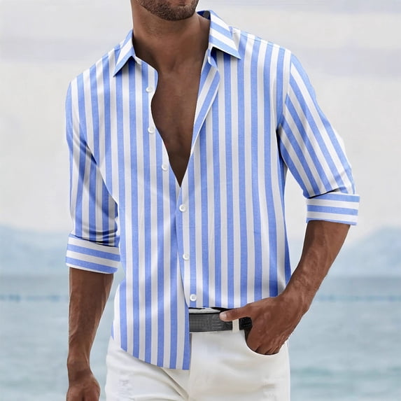 Yaoyar Mens Striped Long Sleeve Top, Button Down Placket Casual Shirt, Relaxed Fit Pullover for Weekend Casual Wear
