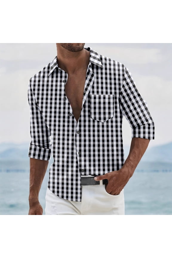 Mens Striped Long Sleeve Top, Button Down Placket Casual Shirt, Relaxed Fit Pullover for Weekend Casual Wear