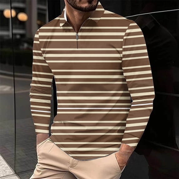 Yaoyar Mens Striped Zip Front Casual Top, Long Sleeve Collared Shirt with Relaxed Fit, Comfortable Daily Wear Pullover