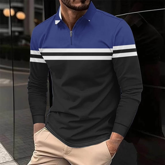 Yaoyar Mens Striped Zip Front Casual Top, Long Sleeve Collared Shirt with Relaxed Fit, Comfortable Daily Wear Pullover