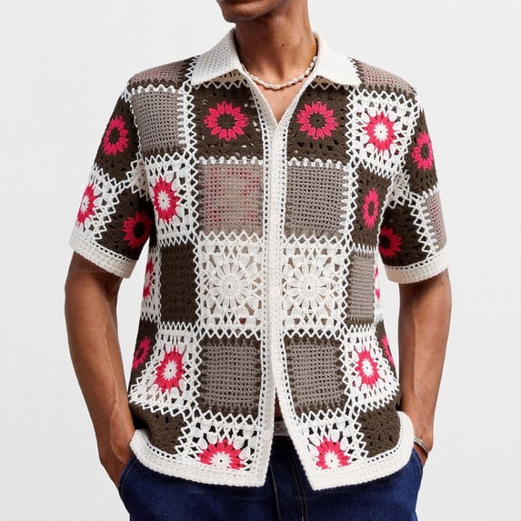 Yaoyar Mens Stylish Boho Crochet Knitted Button Down Shirt Casual Summer Short Sleeve Loose Lapel Beach Shirts
