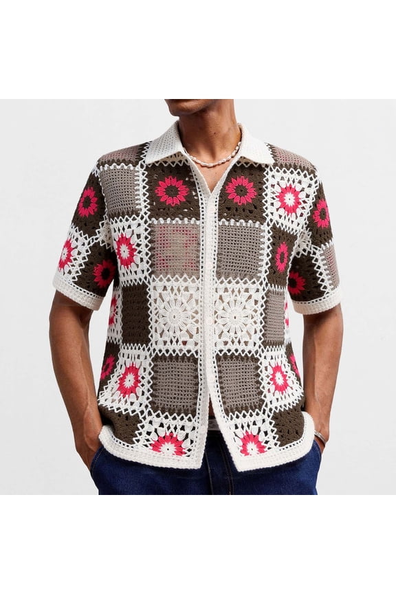 Mens Stylish Boho Crochet Knitted Button Down Shirt Casual Summer Short Sleeve Loose Lapel Beach Shirts