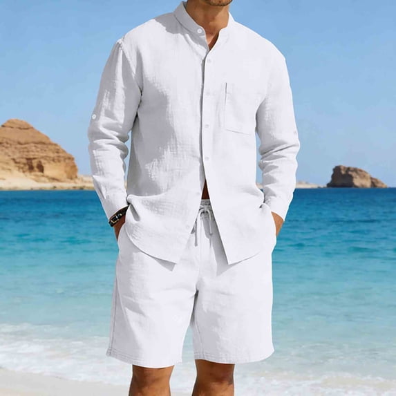 Yaoyar Mens Summer 2 Piece Set Long Sleeve Button down Shirts Matching Drawstring Shorts Sets Casual Beach Vacation Outfits