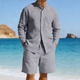 thumbnail image 1 of Yaoyar Mens Summer 2 Piece Set Long Sleeve Button down Shirts Matching Drawstring Shorts Sets Casual Beach Vacation Outfits, 1 of 9