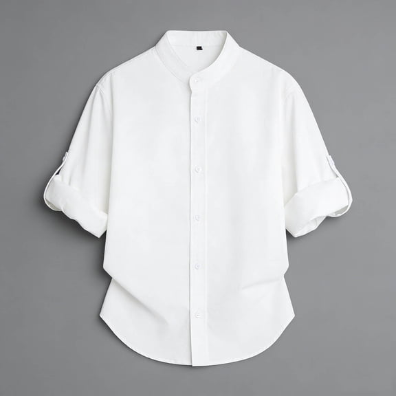 Yaoyar Mens Summer Casual Solid Color Stand Collar Full Button Long Sleeve Commuting Thin Roll-Sleeve Shirt Slim Fit Long Sleeve Button Down Shirt for Office Work and Daily Outings