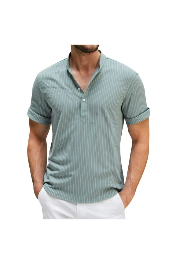 Mens Summer New Short Sleeve Half Button Stand Collar Casual Shirt Stripe Design Relaxed Fit Short Sleeve Camp Shirt