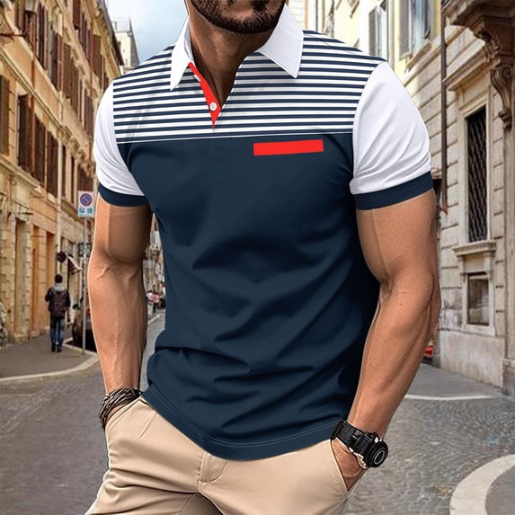 Yaoyar Mens Summer Short Sleeve Comfortable Breathable Striped Fashion Casual Button Lapel Short Sleeve Sweatshirt Top