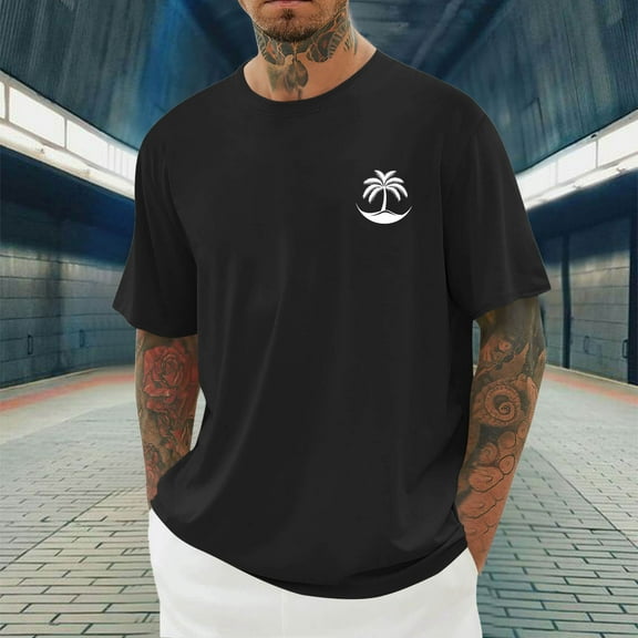 Yaoyar Mens Summer Short-Sleeved Round Neck Top Pullover Coconut Tree Print Sports Fitness Top T-Shirt Breathable Cool Shirt