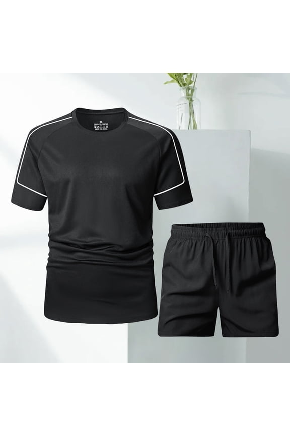 Mens Summer Solid Color Short Sleeve Round Neck Set with Elastic Waist Shorts Coordinated Two Piece Outfit Matching Ensemble