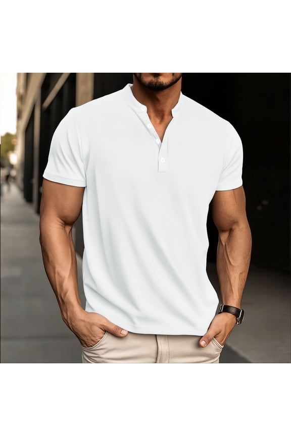 Mens Summer Solid Color Short Sleeve Stand Collar Casual Shirt Button Design Modern Fit Everyday Short Sleeve Top