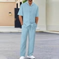 thumbnail image 1 of Yaoyar Mens Summer Solid Color Short Sleeve Turn Down Collar Set Drawstring Waist Casual Outfit Coordinated Design Two Piece Ensemble, 1 of 8