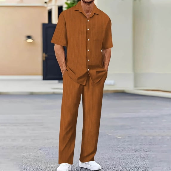 Yaoyar Mens Summer Solid Color Short Sleeve Turn Down Collar Set Drawstring Waist Casual Outfit Coordinated Design Two Piece Ensemble