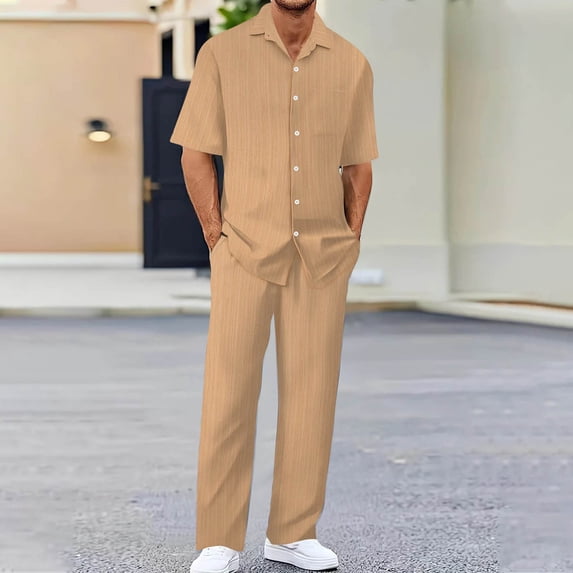 Yaoyar Mens Summer Solid Color Short Sleeve Turn Down Collar Set Drawstring Waist Casual Outfit Coordinated Design Two Piece Ensemble